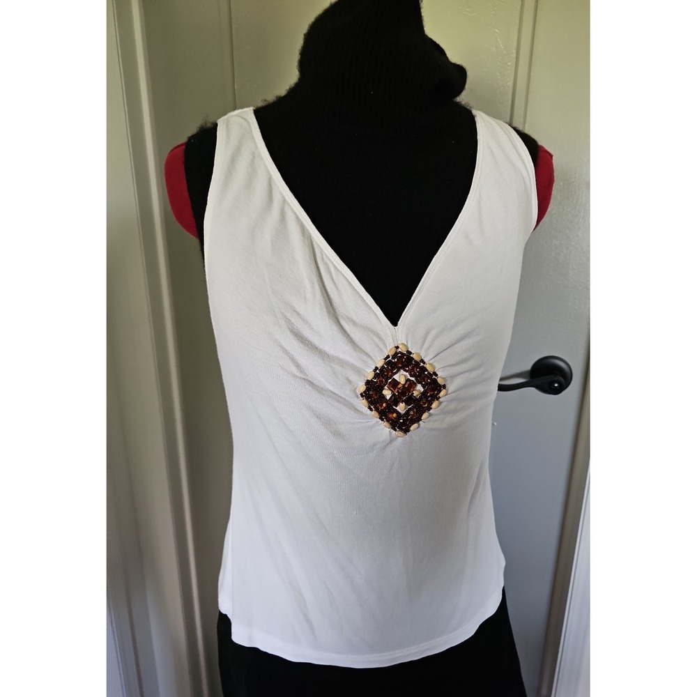 Santiki White Beaded Boho Rayon Tank Top M